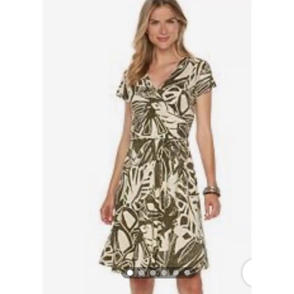 Chaps Denim Womens Small Green Tropical Leaf Faux Wrap V-Neck A-Line Dress